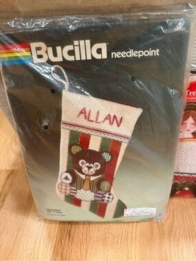 Bucilla Teddy Bear Striped Needlepoint Stocking - Red, Green, White, Brown